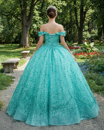 Vedress turquoise quinceañera dress, corset lace up back off-shoulder gown with allover beaded glitter tulle