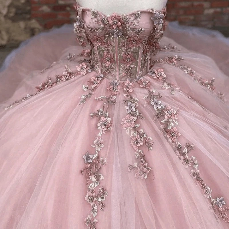 Blush Pink Ballgown Sweetheart Off Shoulder Short Sleeve Lace-up Back Sweep Train Quinceañera Dress