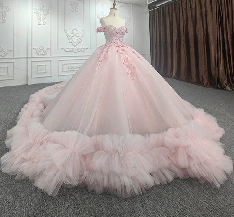 Blush Pink Off Shoulder Beaded 3D Floral Lace Up Back Quinceañera Dress