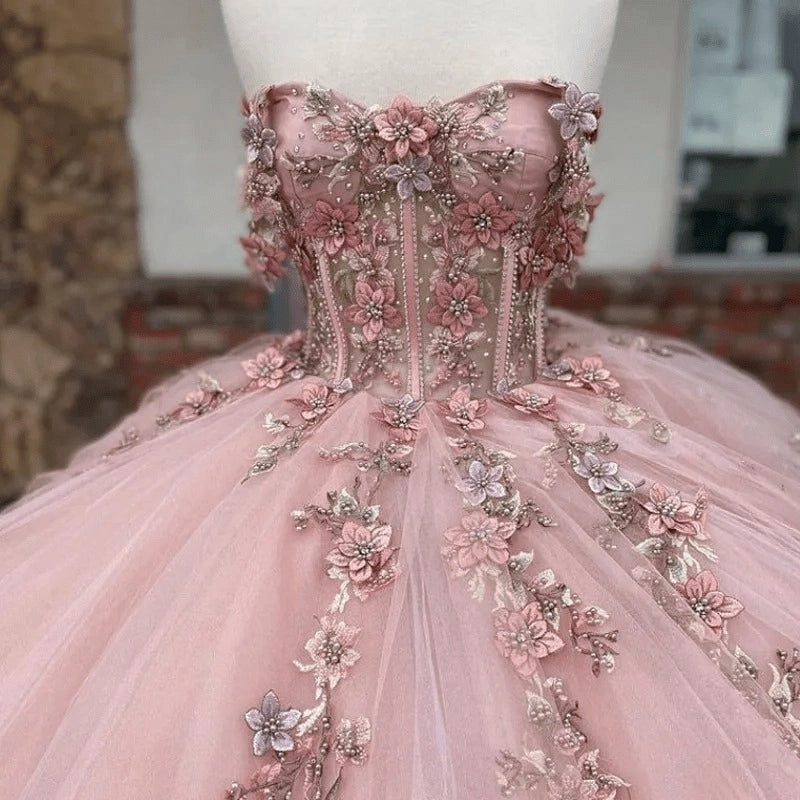 Blush Pink Ballgown Sweetheart Off Shoulder Short Sleeve Lace-up Back Sweep Train Quinceañera Dress