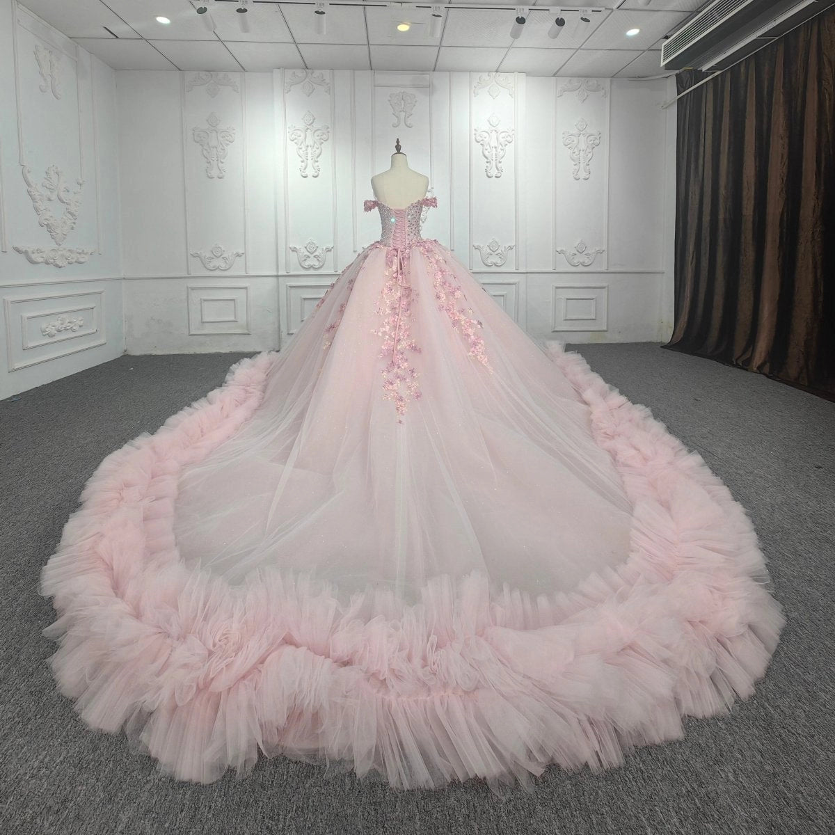 Blush Pink Off Shoulder Beaded 3D Floral Lace Up Back Quinceañera Dress