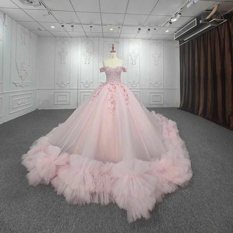 Blush Pink Off Shoulder Beaded 3D Floral Lace Up Back Quinceañera Dress