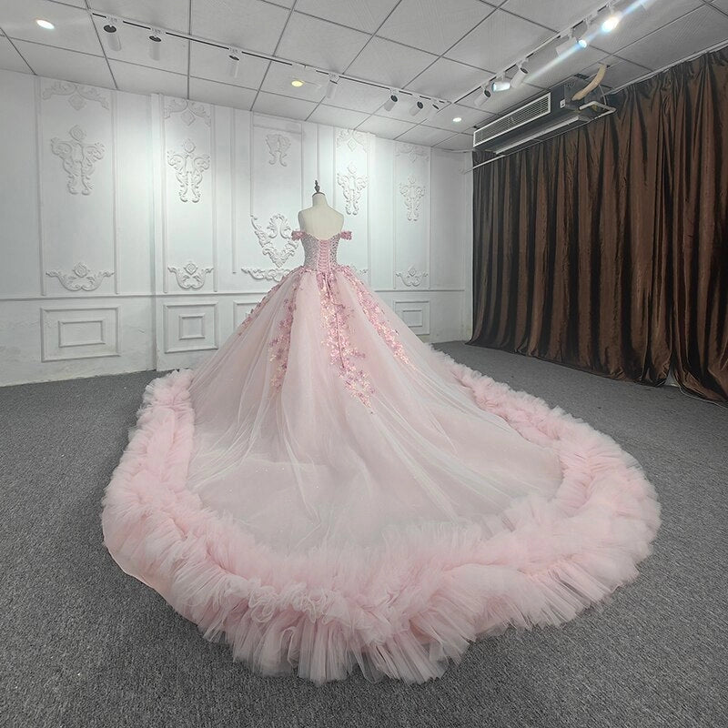 Blush Pink Off Shoulder Beaded 3D Floral Lace Up Back Quinceañera Dress