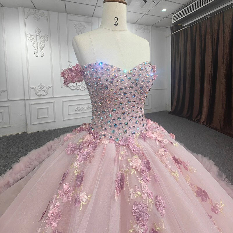 Blush Pink Off Shoulder Beaded 3D Floral Lace Up Back Quinceañera Dress