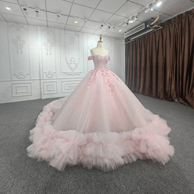 Blush Pink Off Shoulder Beaded 3D Floral Lace Up Back Quinceañera Dress