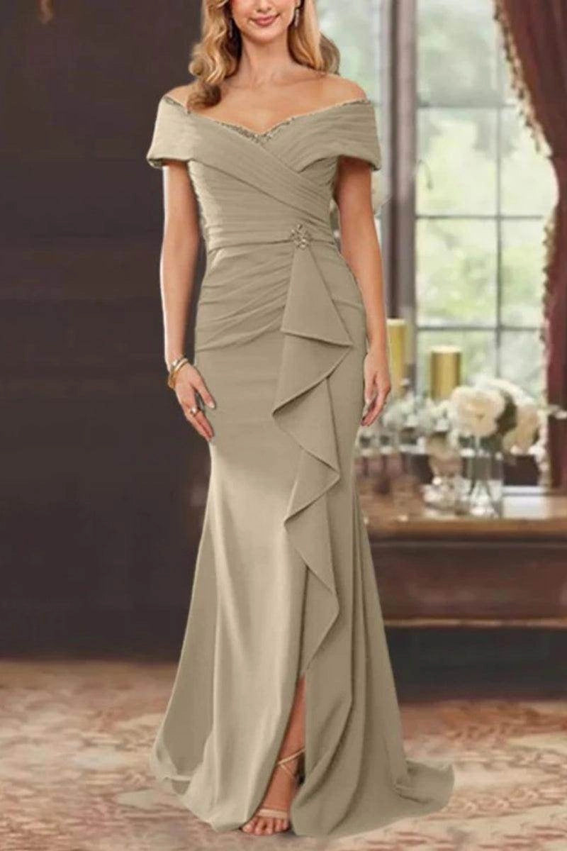 Chic Mermaid Off Shoulder Zip Back Slit Floor Length Mother Of The Bride Dress