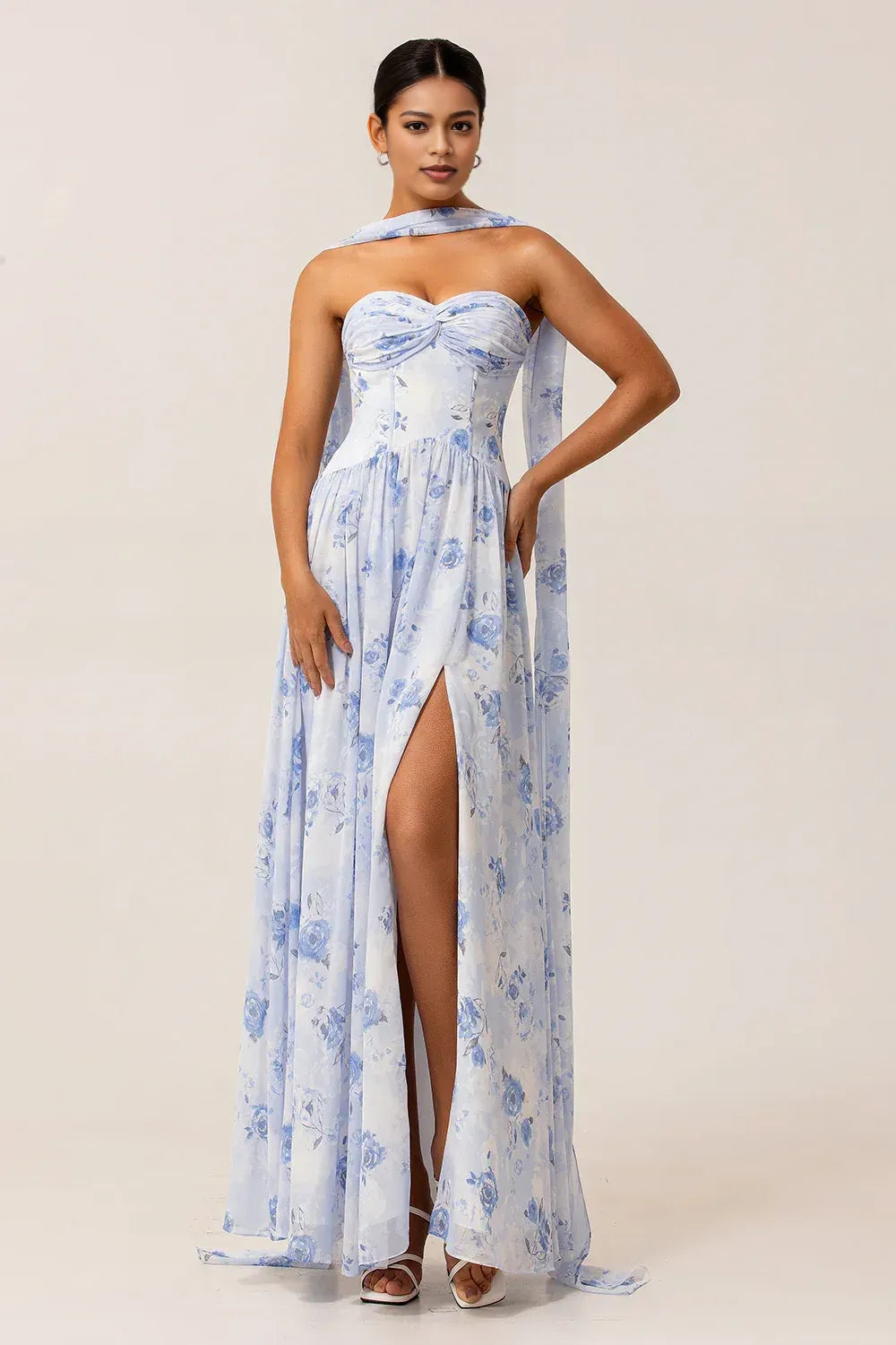 A-Line Sweetheart Neck Floral Sleeveless Floor Length Bridesmaids Dress With Scarf