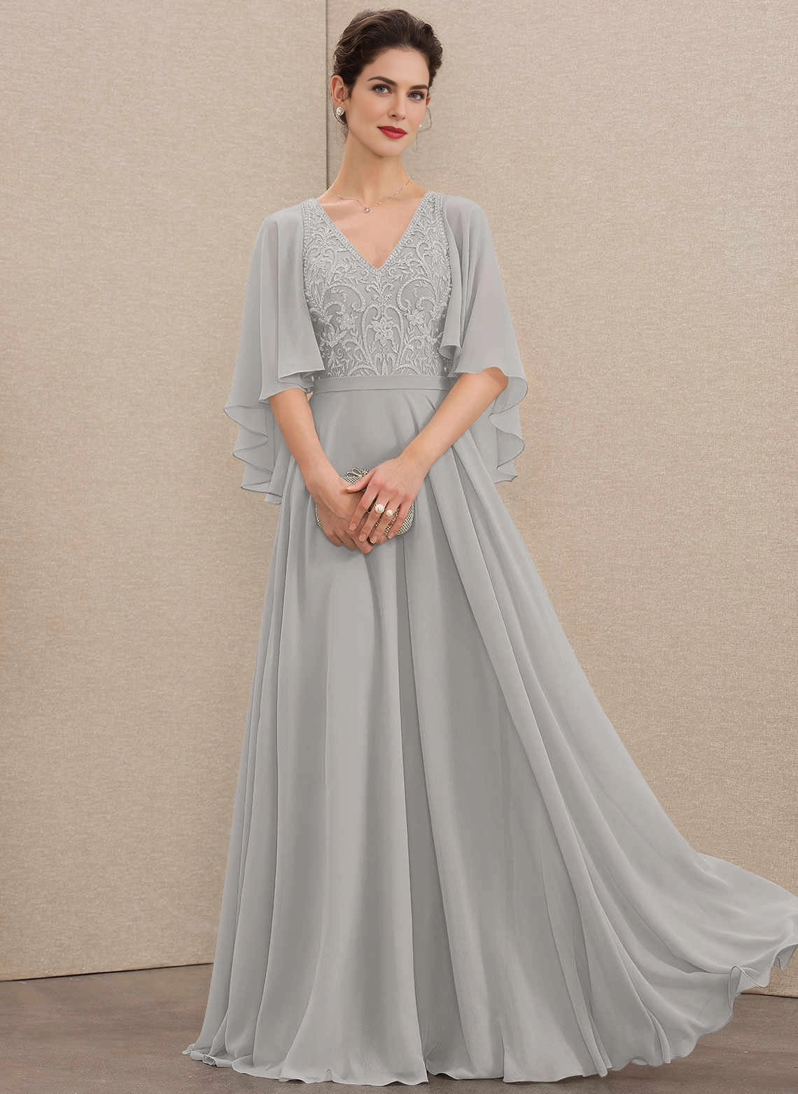 Flowy A‑Line V‑Neck Cape Sleeve Zipper Back Floor‑Length Mother Of The Bride Dress