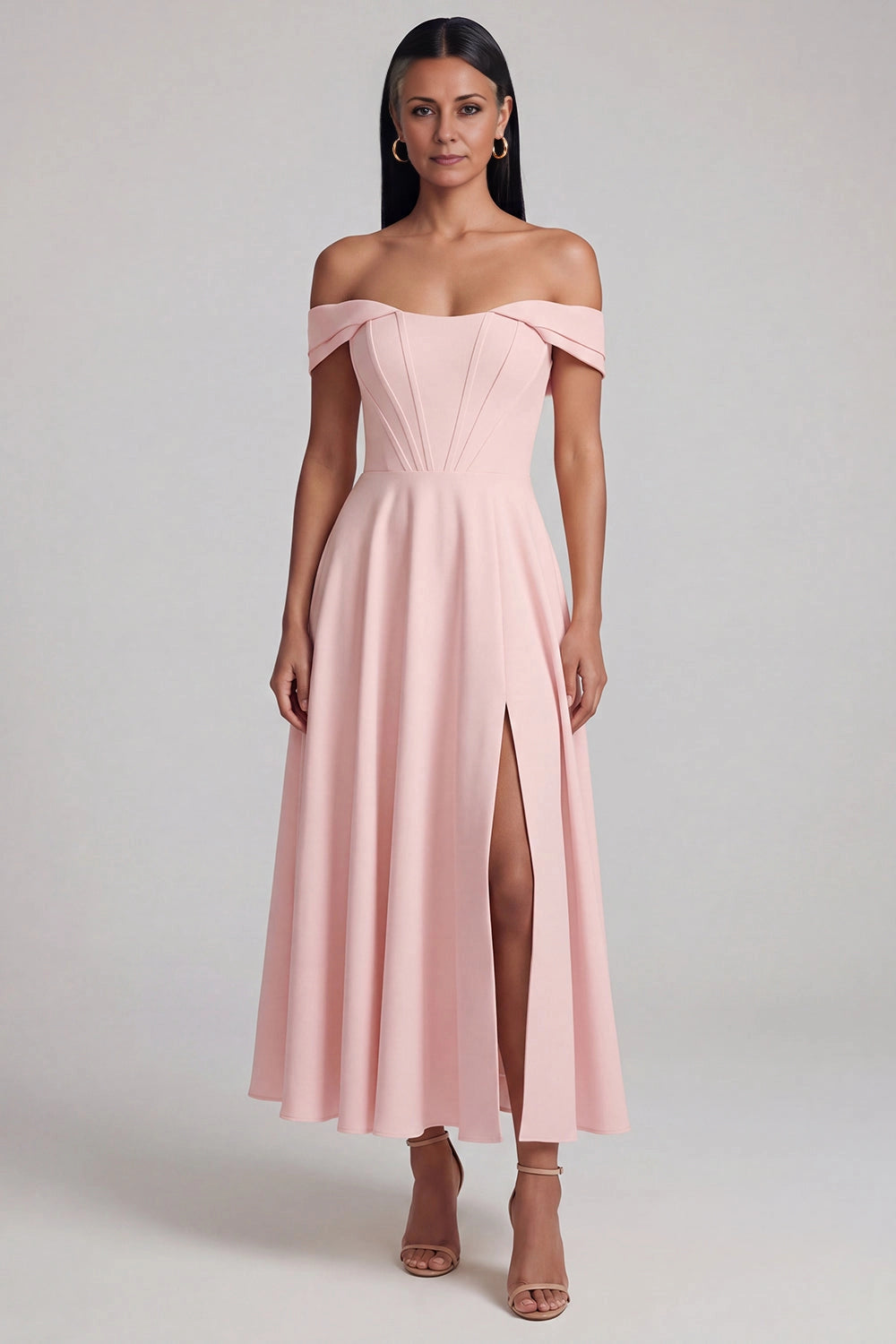 Charming A-Line Off Shoulder Short Sleeve Back Zip Midi Wedding Guest Dress