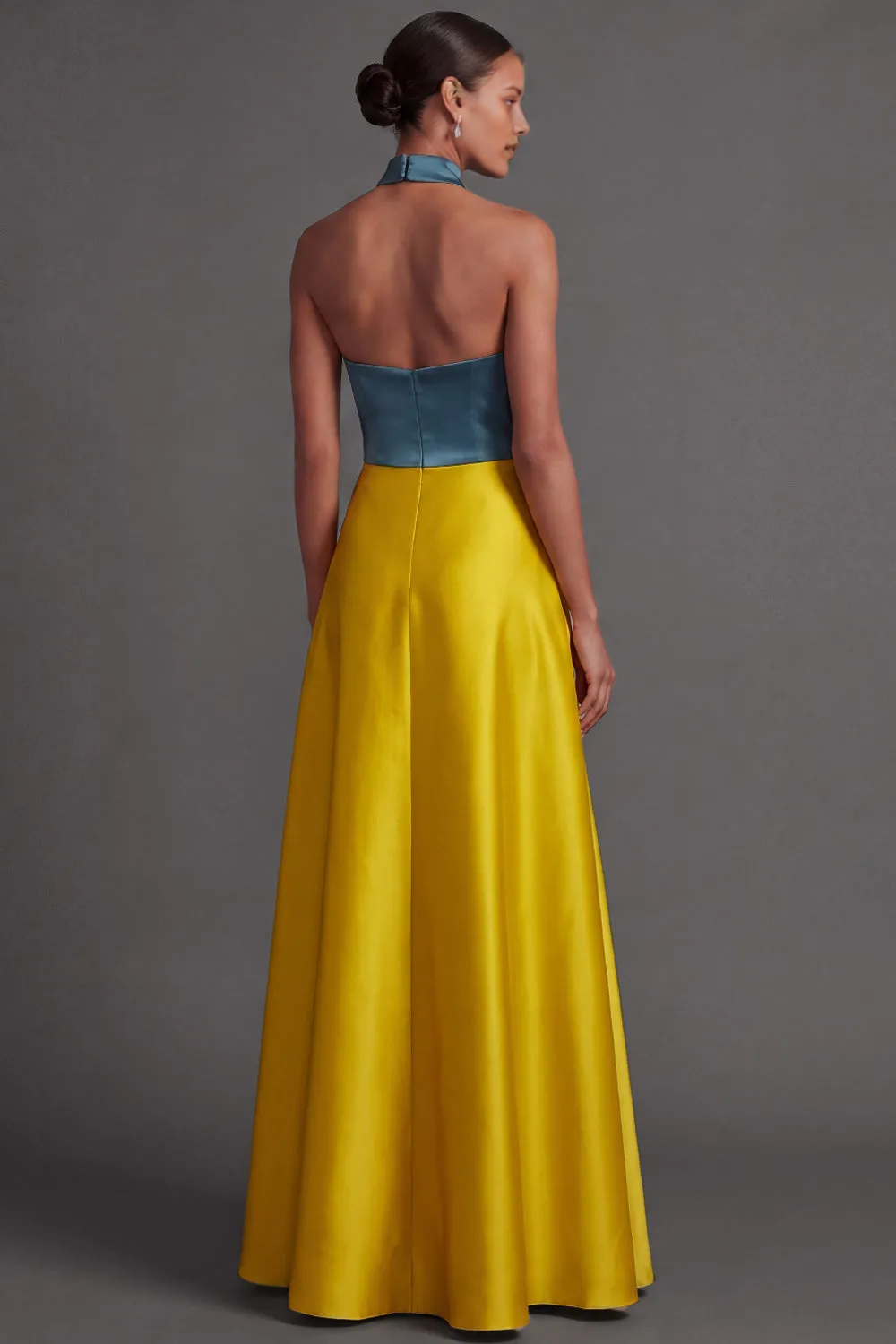 Color Block Halter Keyhole Open Back Satin A-Line Maxi Formal Dress with Front Slit