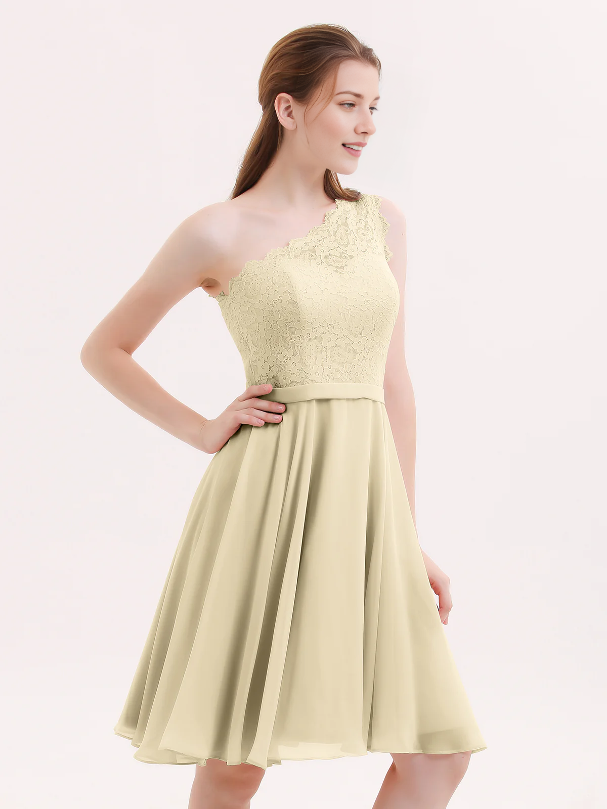 One Shoulder Lace Top A-Line Knee-Length Chiffon Bridesmaid Homecoming Short Dress