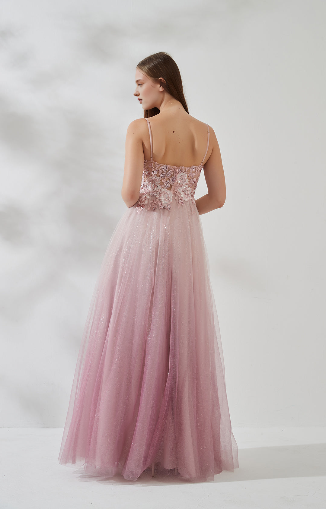Romantic Glitter Tulle Spaghetti Straps V Neck Floor-length Prom Dress A-line Open Back Gown