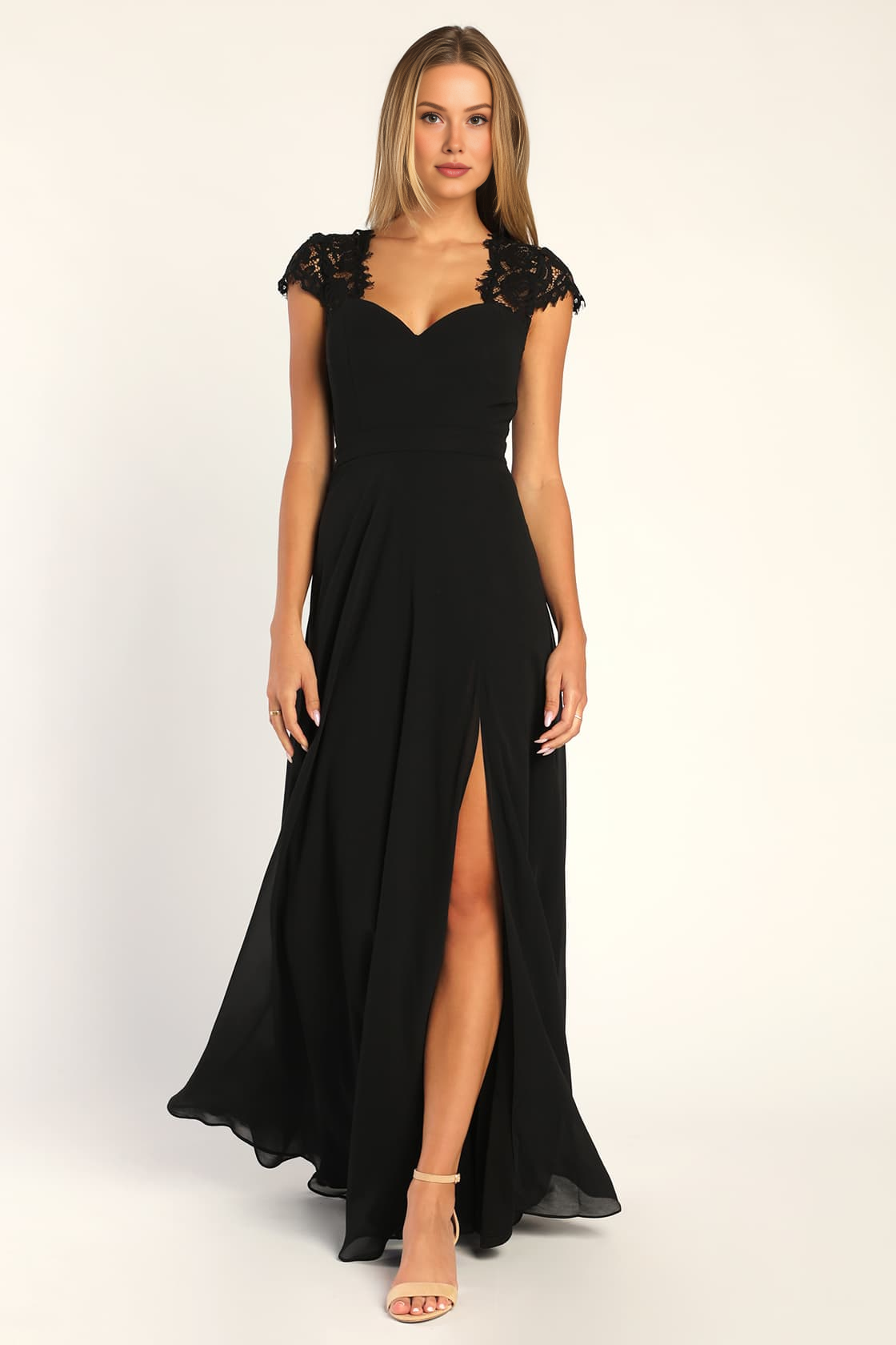 Elegant Backless Spaghetti Strap Sweetheart Slit Maxi Dress with Lace Trim Chiffon Backless Bridesmaid Dresses