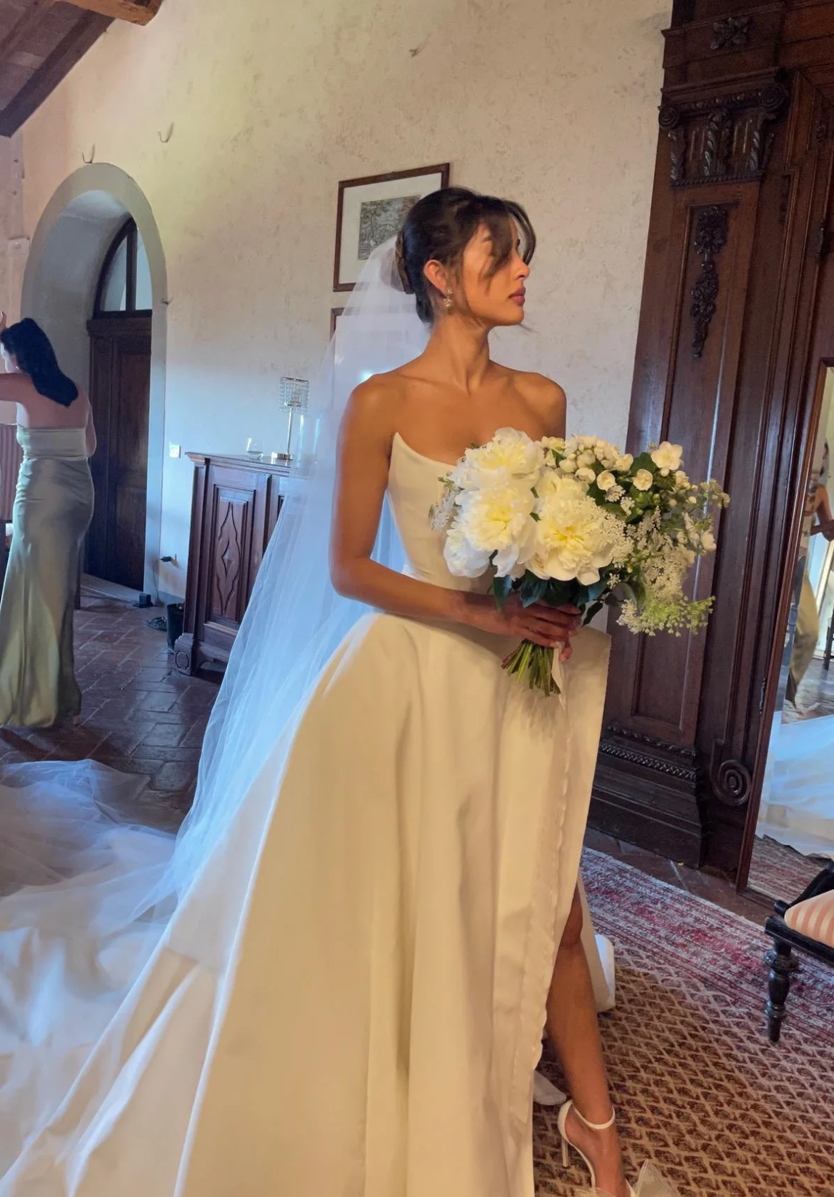 Charming A Line Strapless White Satin Long Wedding Dress with Slit Timeless Strapless Ball Gown for Garden & Outdoor Weddings