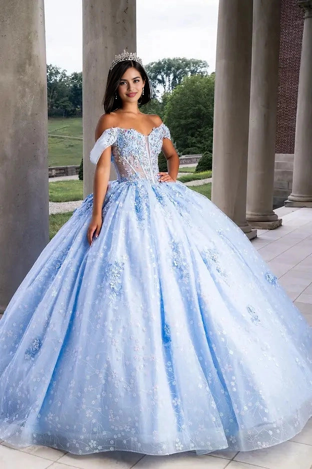 Floral Ball Gown Sweetheart Off Shoulder Corset Bow Train Quinceañera Dress