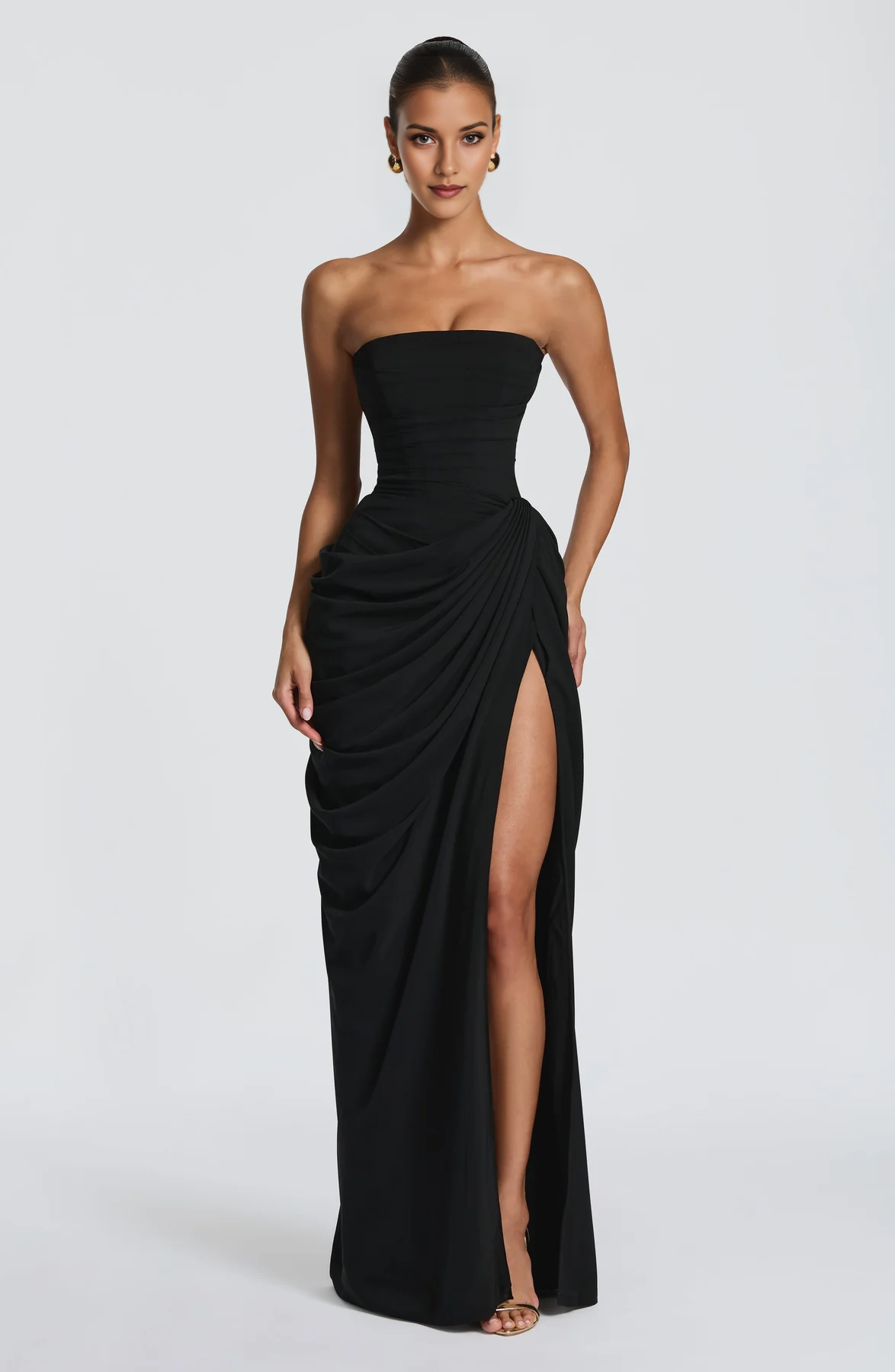 Light Blue Asymmetrical Strapless Draped High-Slit Lace-up Maxi Dress - Corset Back Formal Evening Gown