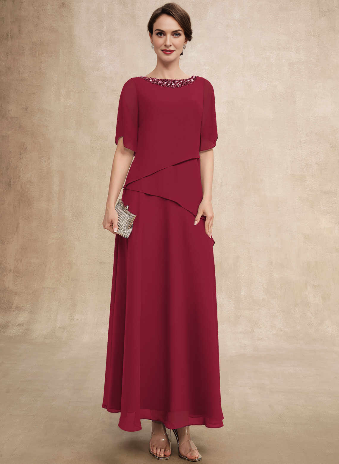 Classic A‑Line Beaded Boat Neck Flutter Sleeve Zipper Back Floor‑Length Mother Of The Bride Dress