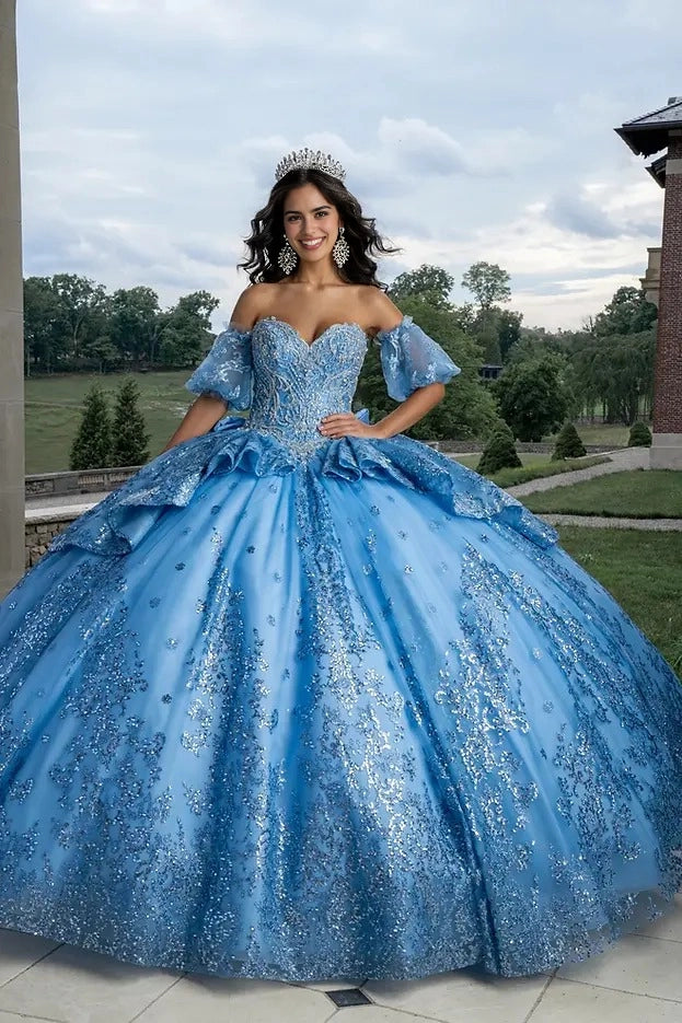 Gold Ball Gown Sweetheart Off Shoulder Corset Back Train Quinceañera Dress