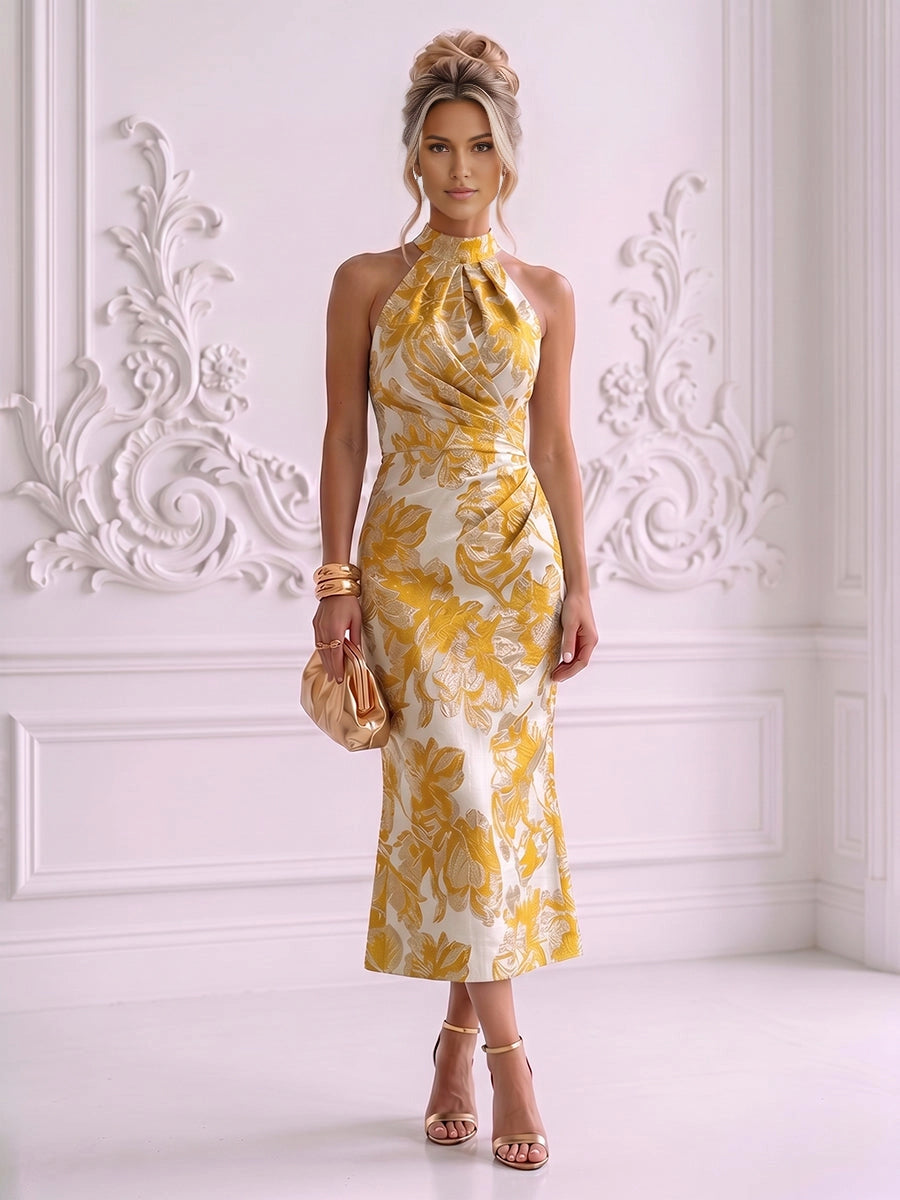 Refined Midi Halter High‑Neck Sleeveless Zipper‑Back Tea‑Length Mother Of Bride Dress