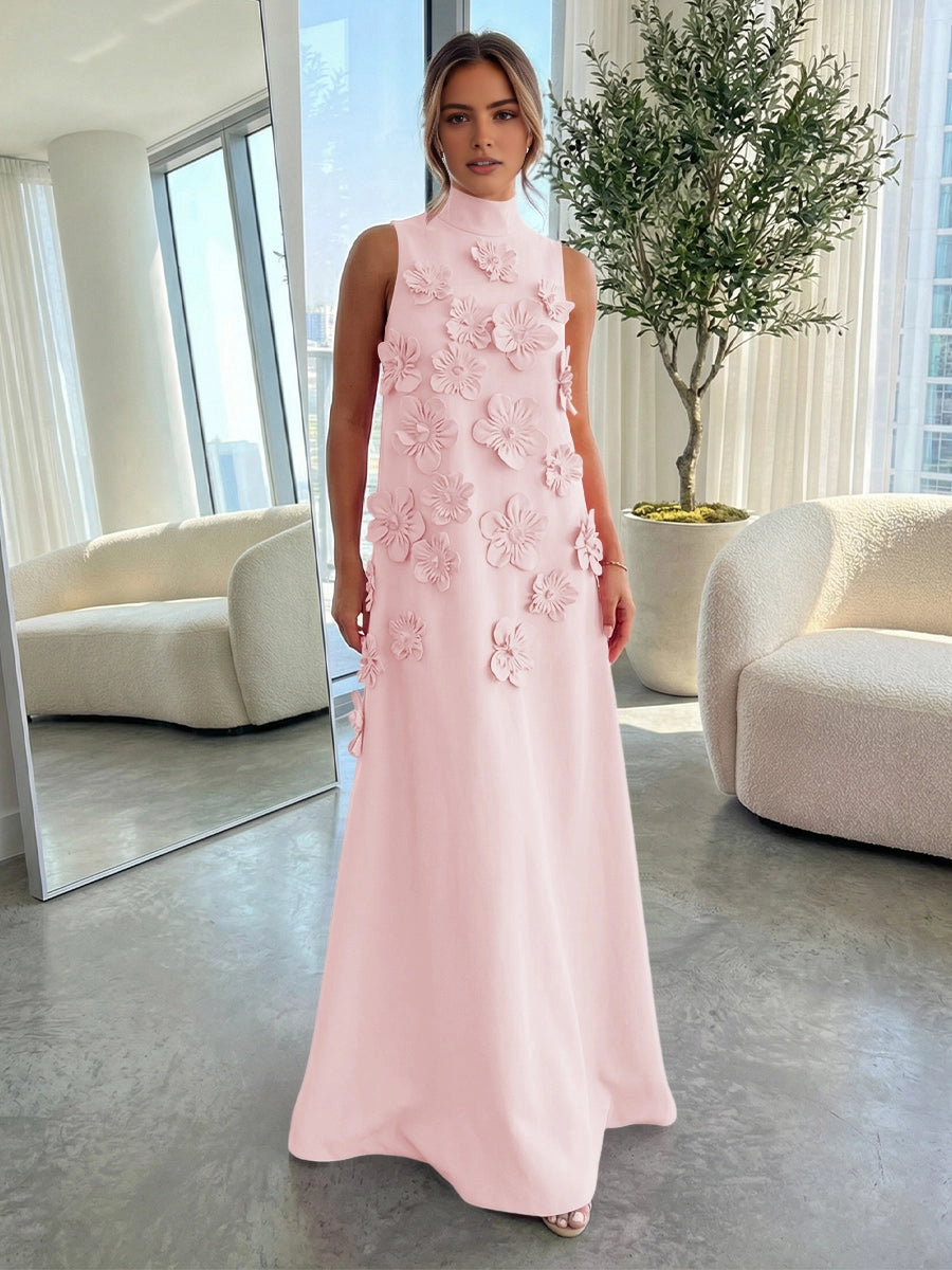 Bright Pink A‑Line High‑Neck Sleeveless Zipper‑Back Long Wedding Guest Dress