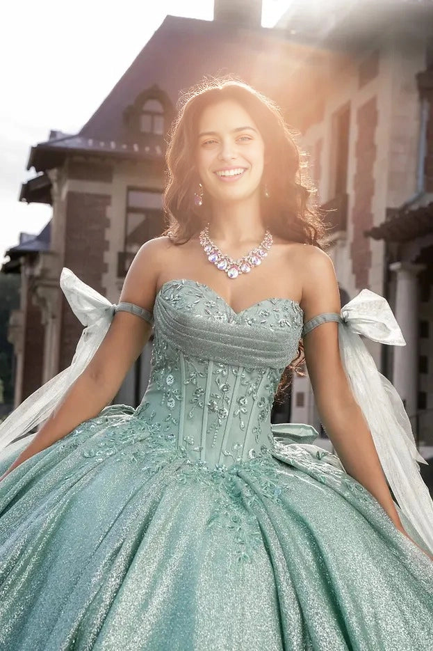 Glitter Ball Gown Sweetheart Off Shoulder Bow Corset Train Quinceañera Dress