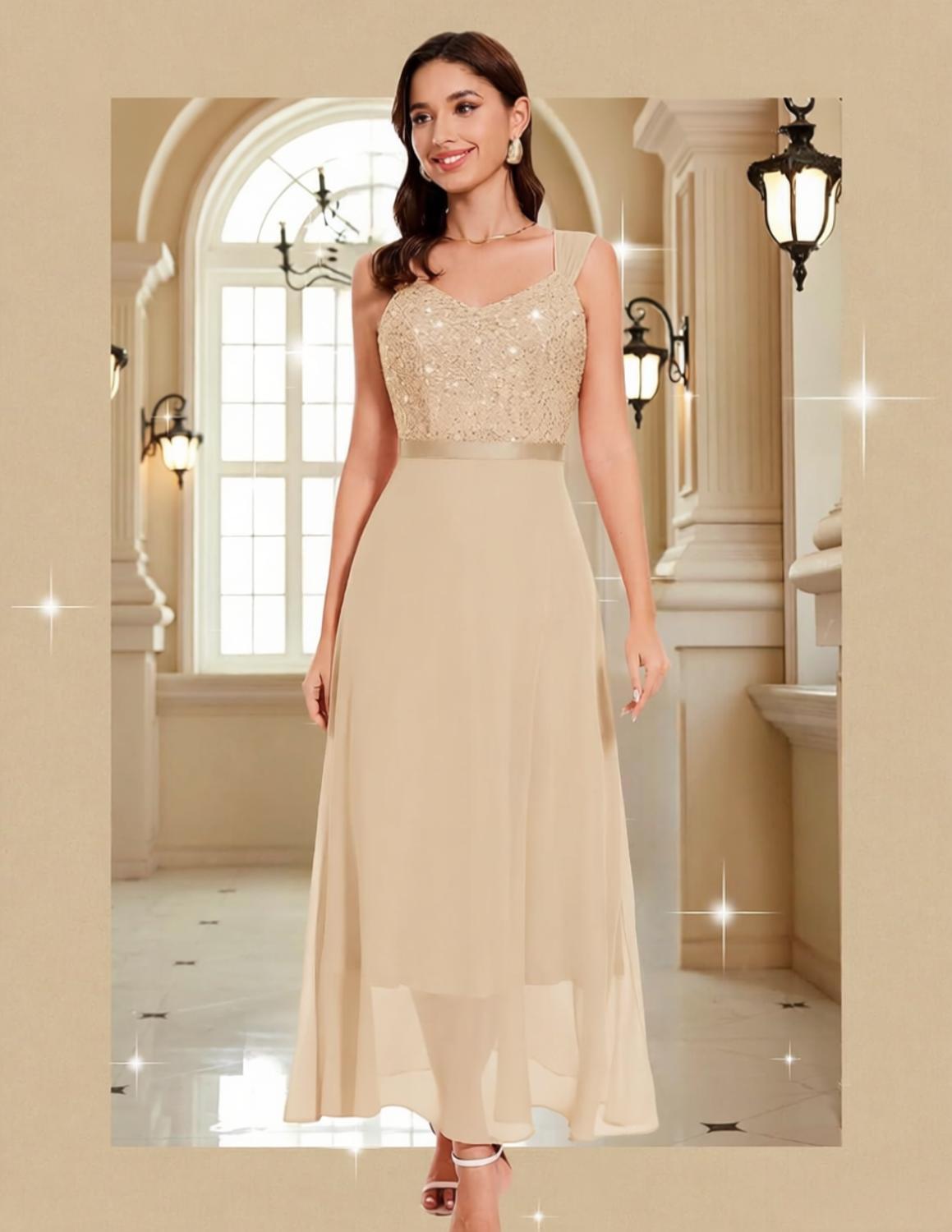 Champagne Chiffon Mother of the Bride Dress with Sheer Shawl - Ankle-Length Formal Gown for Wedding Guest