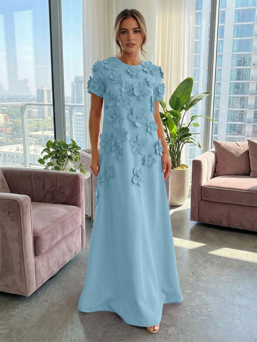 Vibrant Pink A‑Line Round‑Neck Short‑Sleeve Zipper‑Back Long Wedding Guest Dress