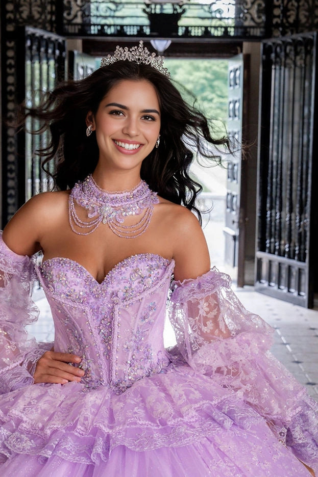 Ball Gown Sweetheart Off Shoulder Corset Back Train Quinceañera Dress