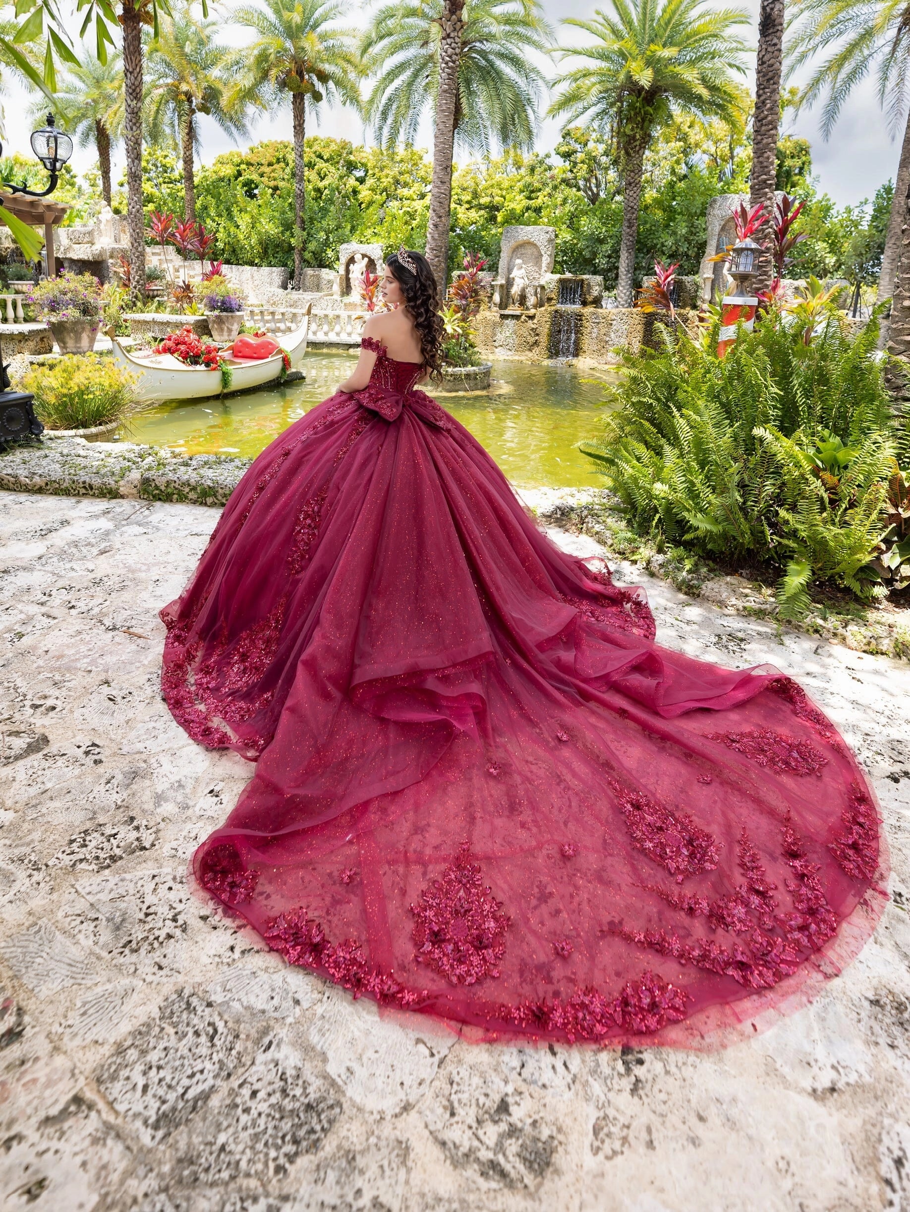 Luxurious Ball Gown Off‑Shoulder Short Sleeve Lace‑Up Back Cathedral Train Quinceanera Dress