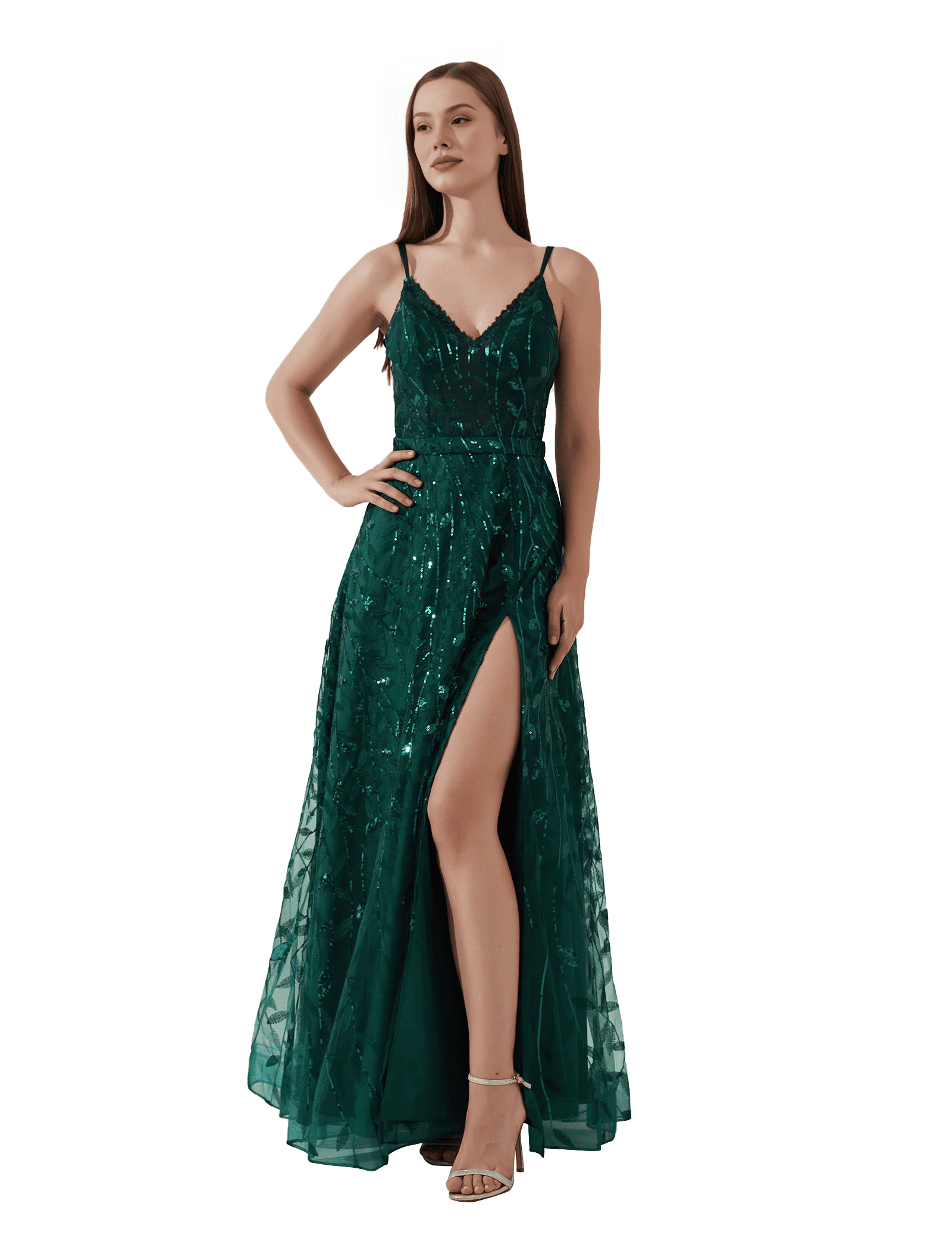 Vestido de noche largo con tirantes finos, cuello de pico, espalda descubierta, línea A y lentejuelas elegantes para baile de graduación