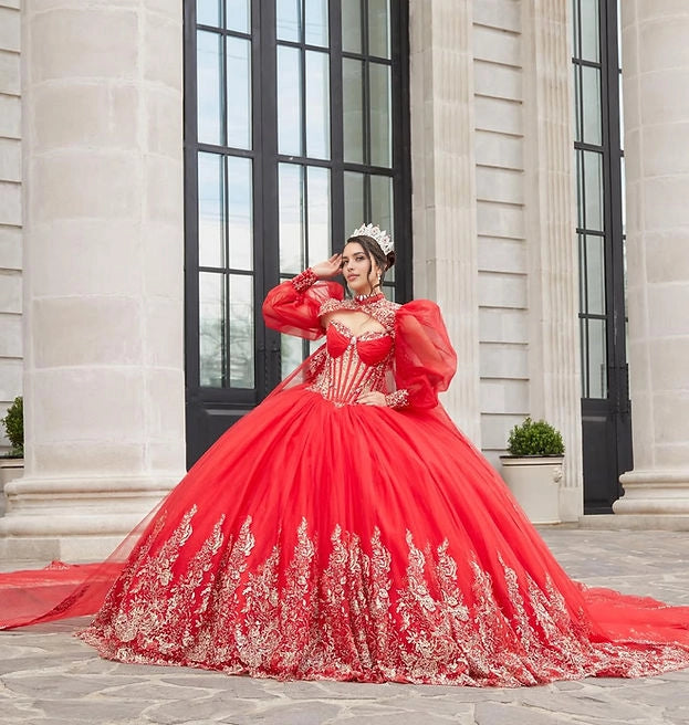 Ball Gown Puff Sleeve Corset Back Cape Train Quinceañera Dress