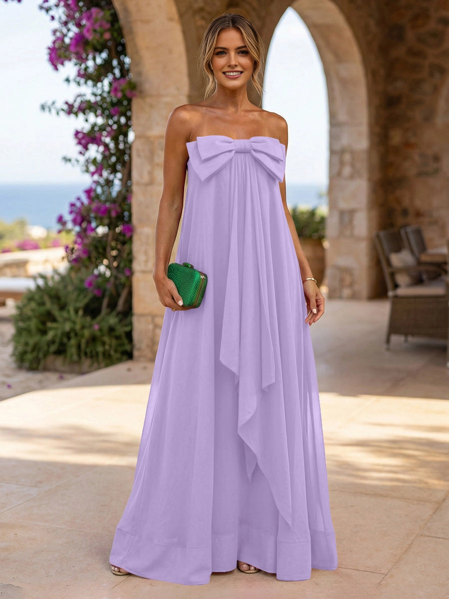 Fuchsia A‑Line Strapless Sleeveless Zipper‑Back Long Bow Chiffon Wedding Guest Dress
