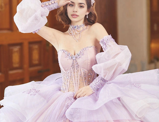 Floral Ball Gown Sweetheart Puff Sleeve Corset Big Bow Train Quinceañera Dress