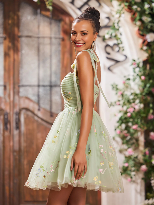 Sage Green Floral Embroidered Tulle Mini Dress - Asymmetric Strap Sweetheart Neckline Homecoming & Cocktail Dress
