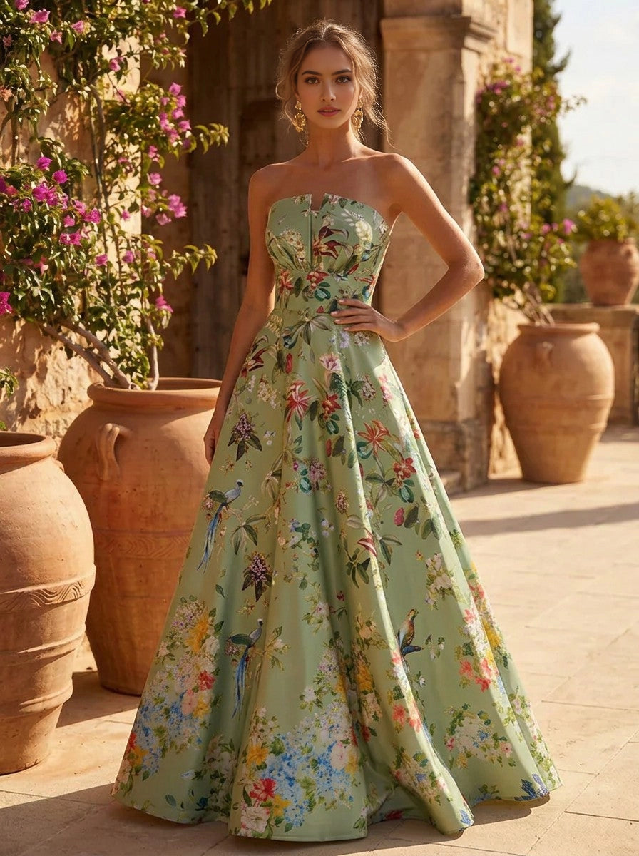 Bright Floral A‑Line Strapless Sleeveless Zip‑Back Floor‑Length Prom Dress 