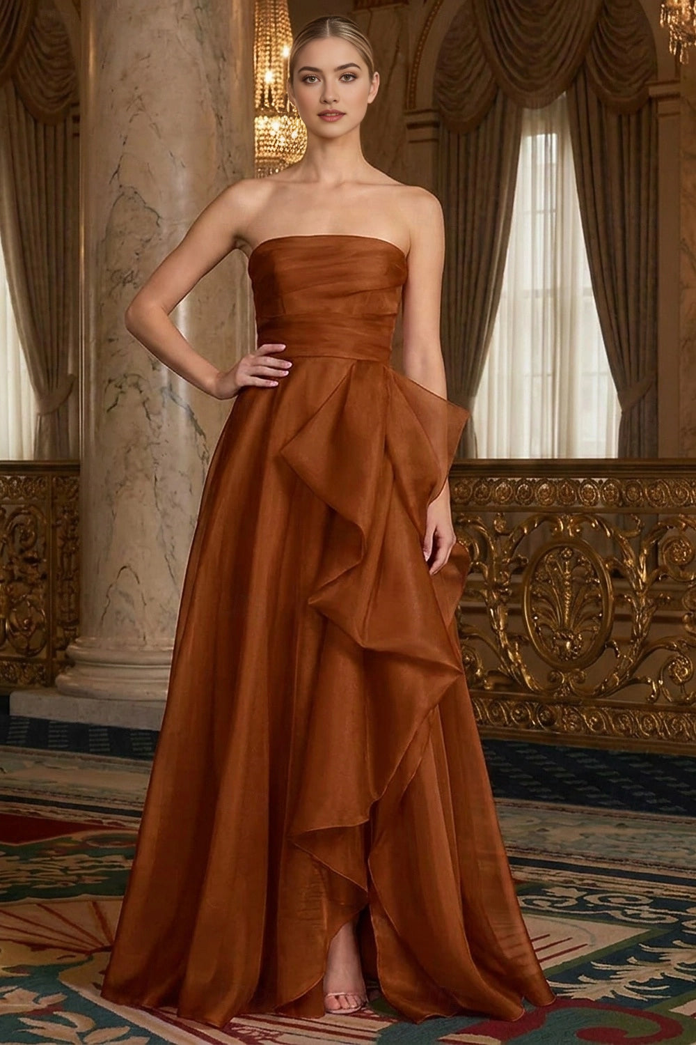 Chic A-Line Strapless Zip Back Slit Long Organza Prom Dress