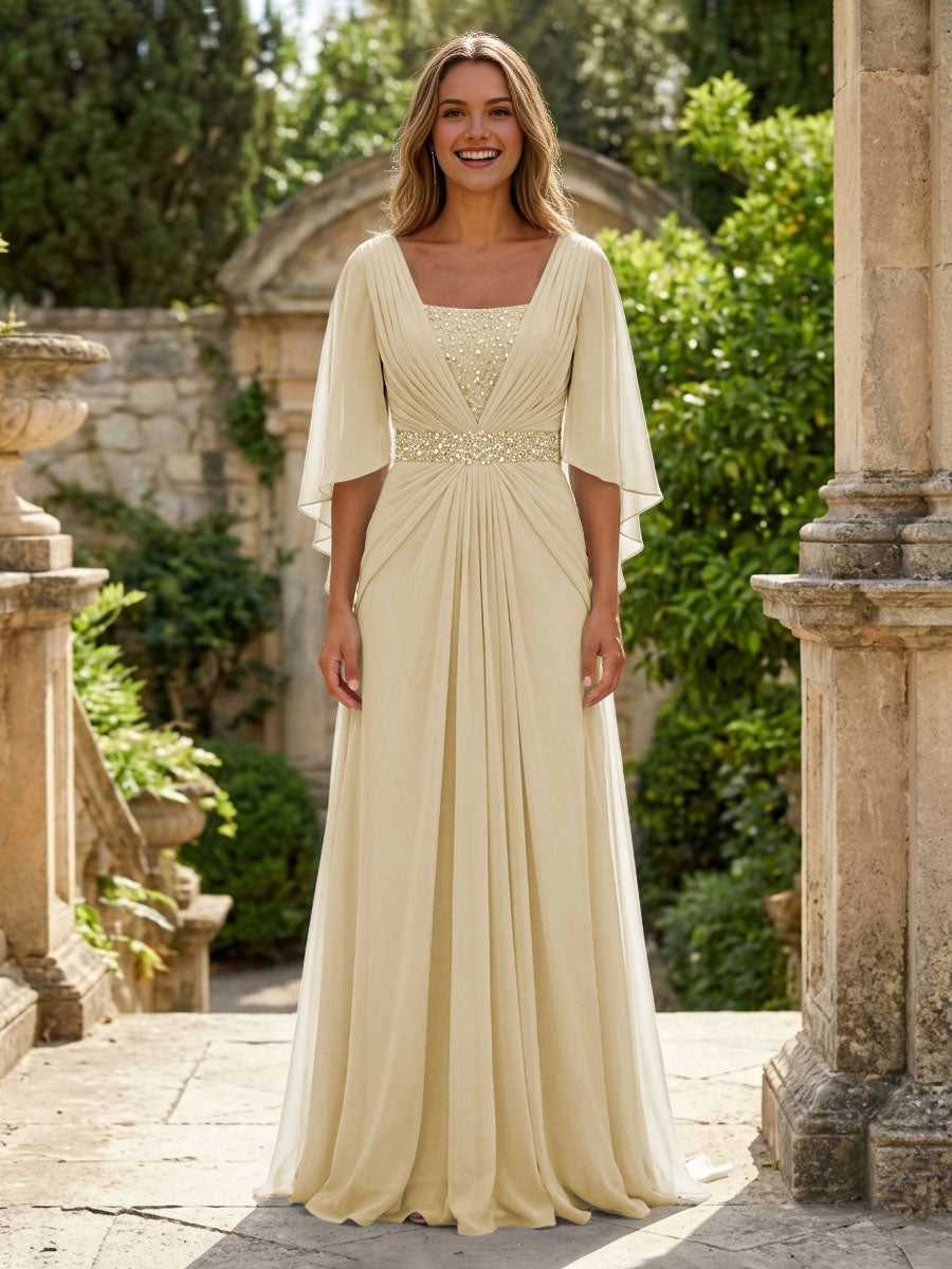 Soft Sky-Blue A-Line Square-Neck Flutter-Sleeve V-Back Floor-Length Wedding Guest Dress