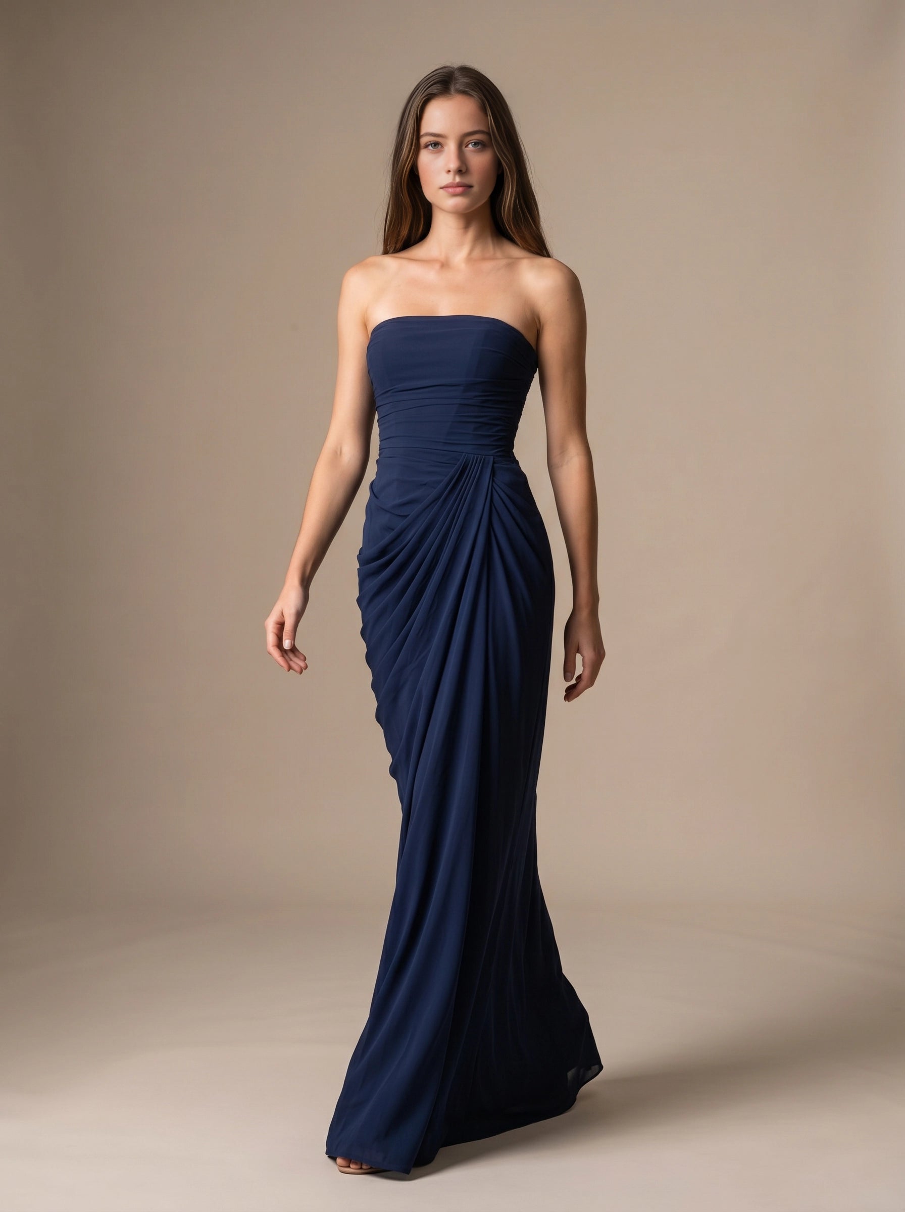 Pale‑Yellow Mermaid Strapless Draped Lace‑Up‑Back Slit Bridesmaid Dress