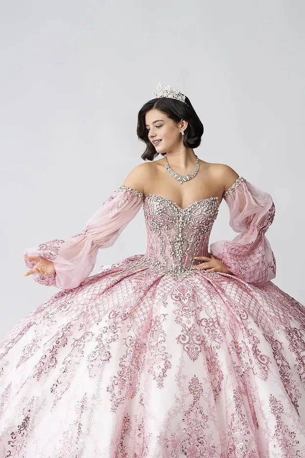 Ball Gown Strapless Sweetheart Detachable Puff Sleeves Glitter Lace Corset Back Big Bow Quinceanera Dress