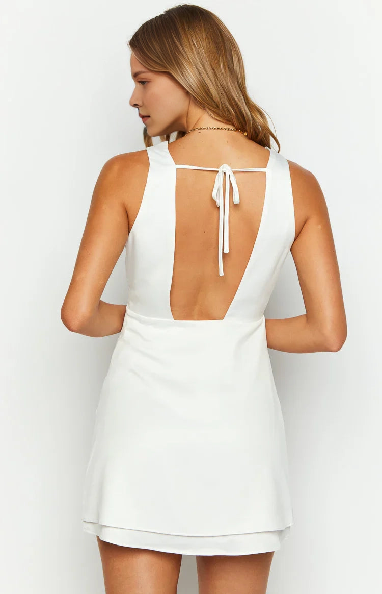 Satin A-Line Deep V Sleeveless Tie Back Mini Homecoming Dress
