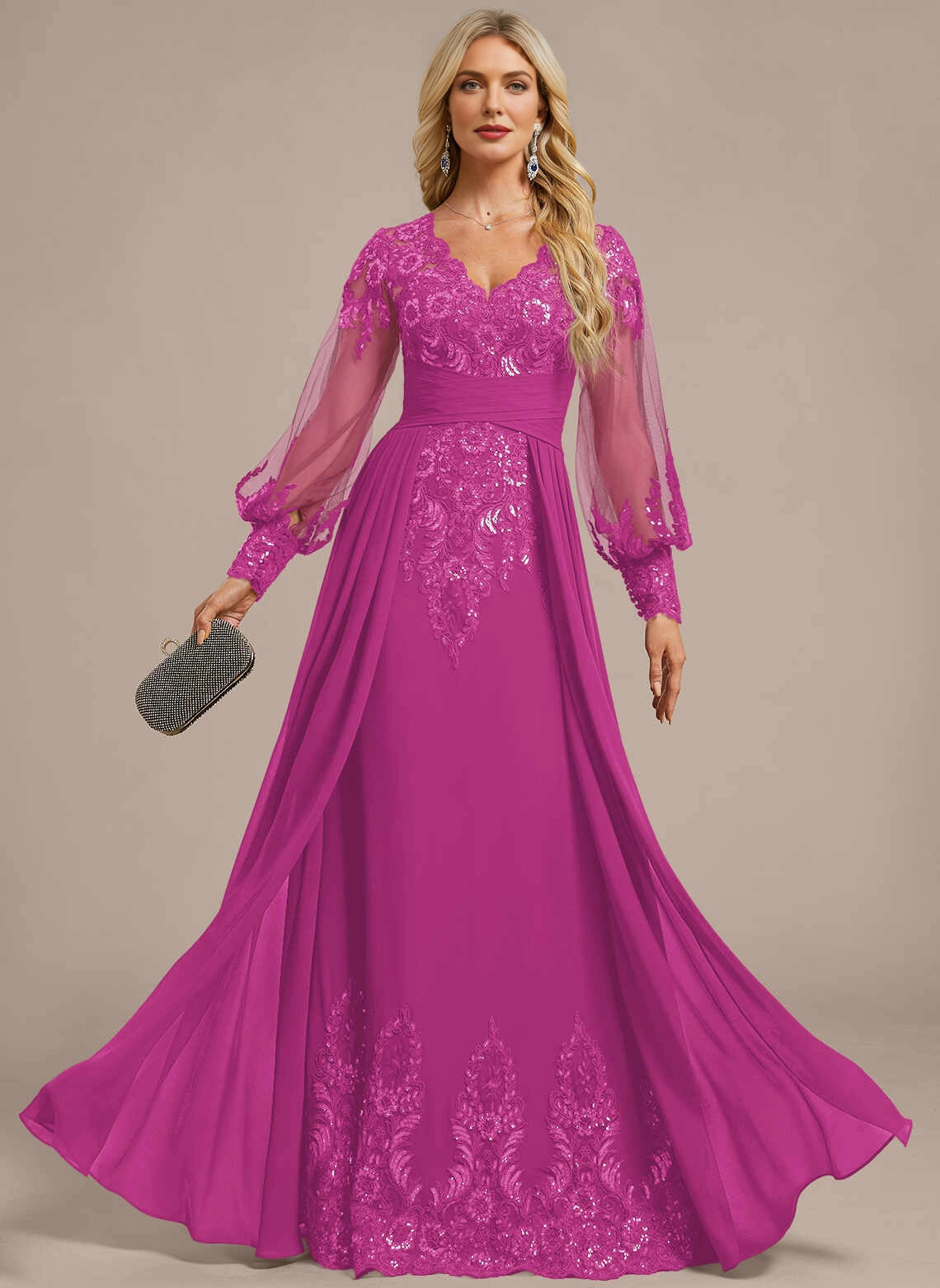 Gorgeous A‑Line V‑Neck Long Sleeve Zipper Back Floor‑Length Mother Of The Bride Dress