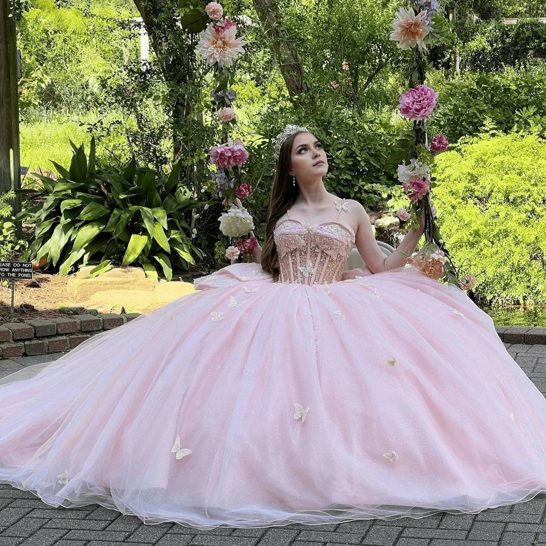 Light Pink Ballgown Sweetheart Spaghetti Strap Sleeveless Lace-up Back Sweep Train Quinceañera Dress