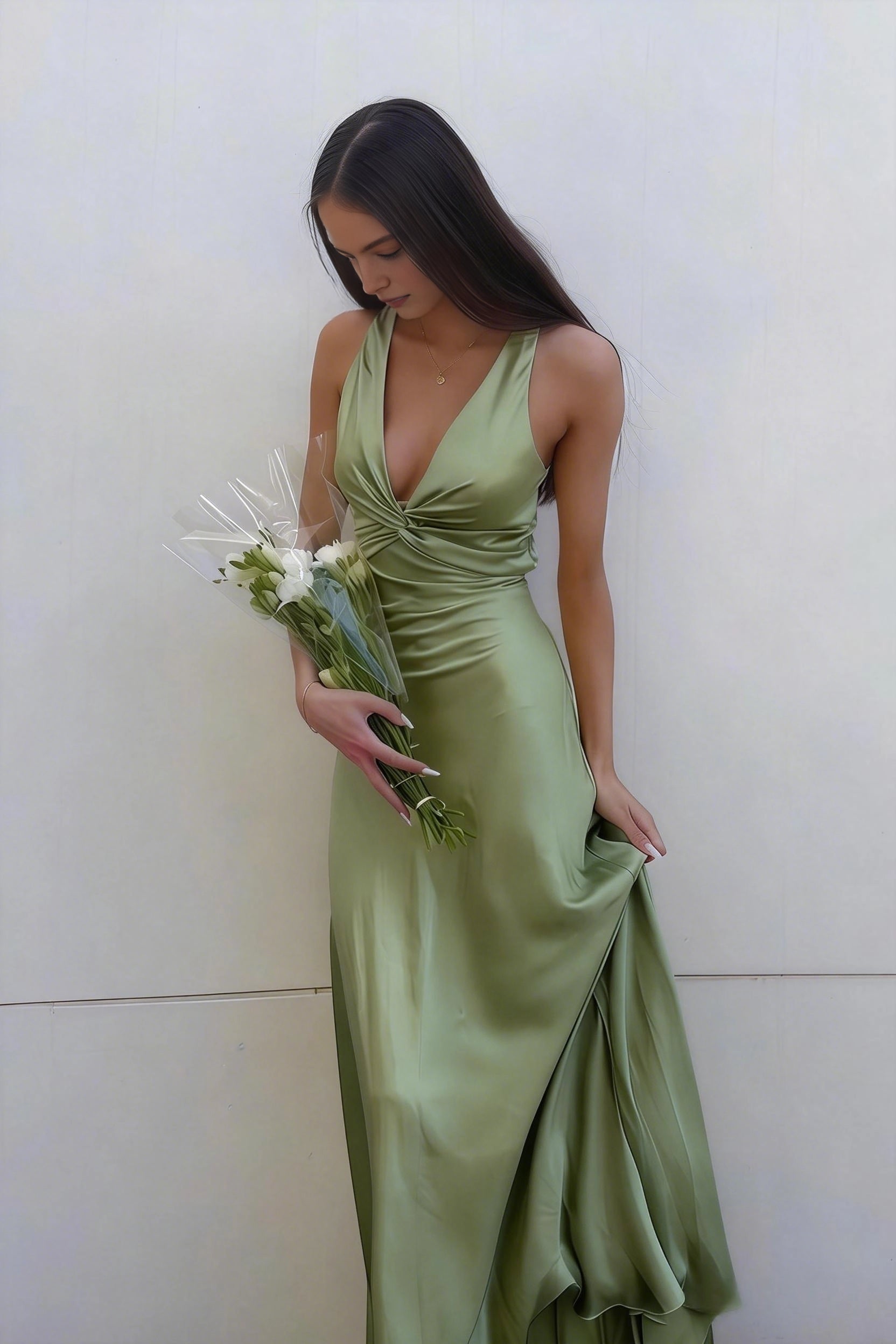A‑line Satin Halter Twist‑front Open‑back Bow Floor‑length Prom Dress