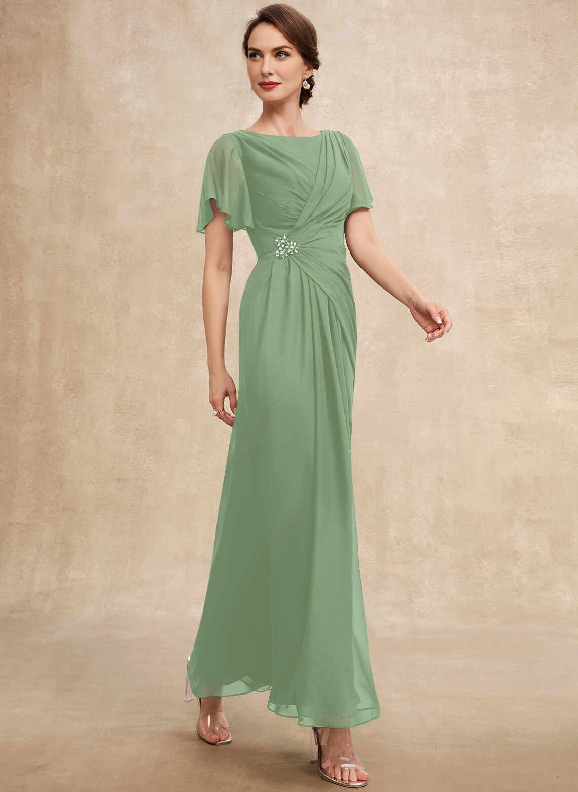 Classic A‑Line Bateau Flutter Sleeve Ruched Waist Long Mother Of The Bride Dress