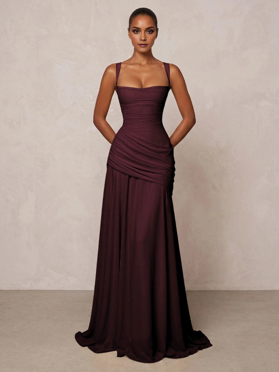Graceful A‑Line Square‑Neck Sleeveless Crisscross‑Back Floor‑Length Bridesmaid Prom Dress