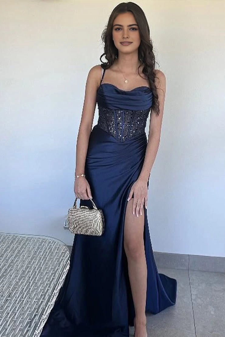 Glamorous Mermaid Cowl Spaghetti‑Strap Lace‑Up‑Back Long Prom Dress