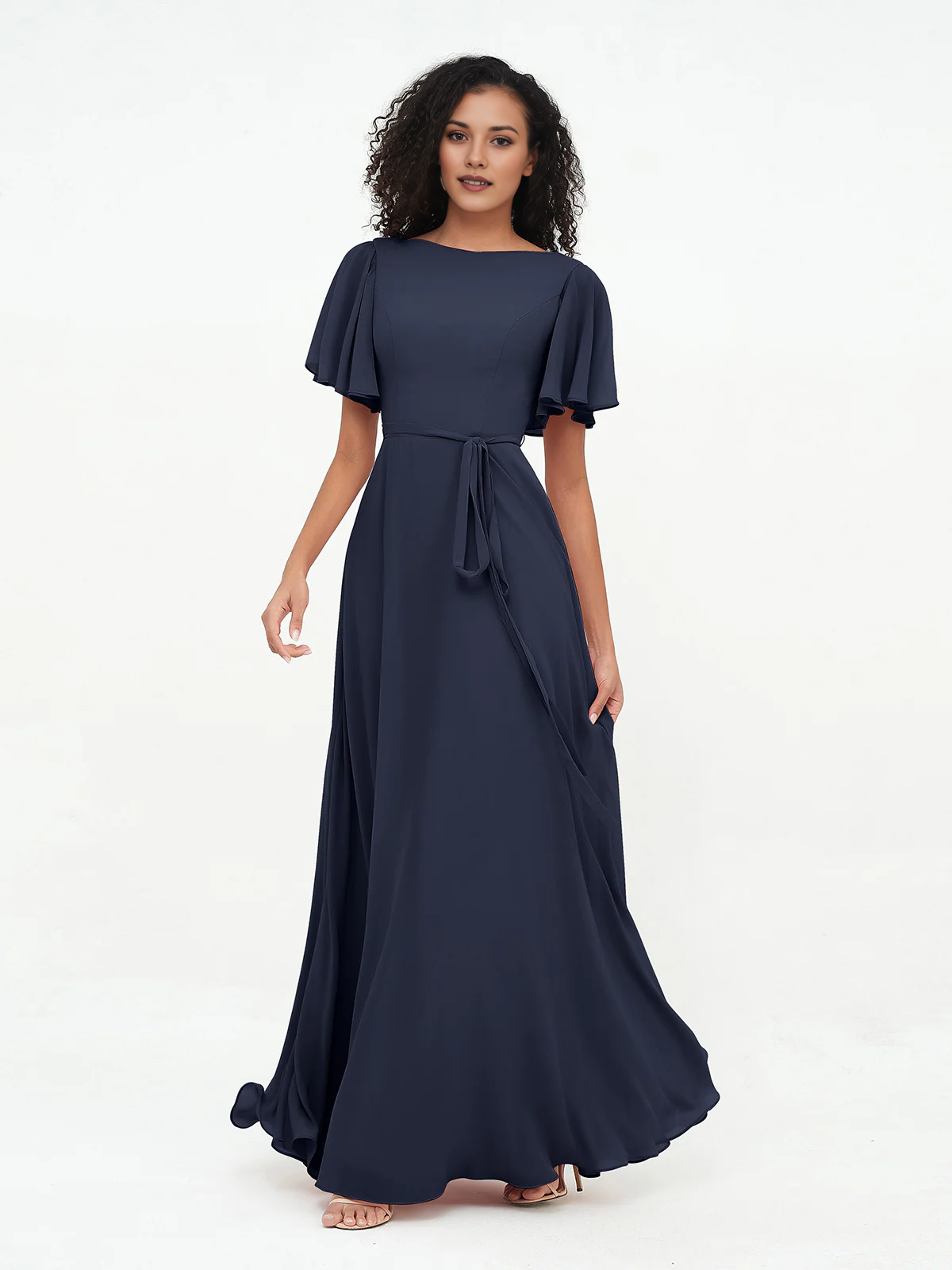 Boat Neck Flutter Sleeve Chiffon Maxi Bridesmaid Dress with Waist Tie