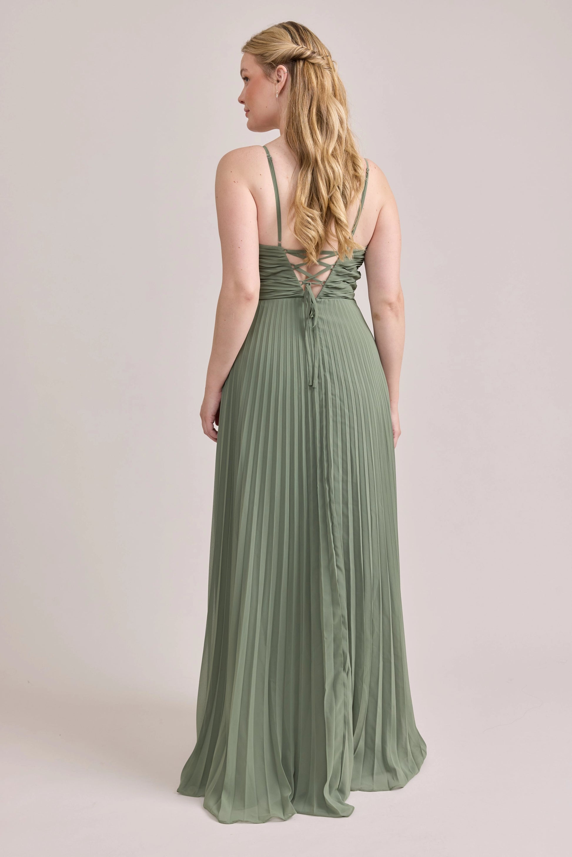 Soft A-Line V-Neck Thin Strap Lace Up Back Pleated Maxi Bridesmaid Dress