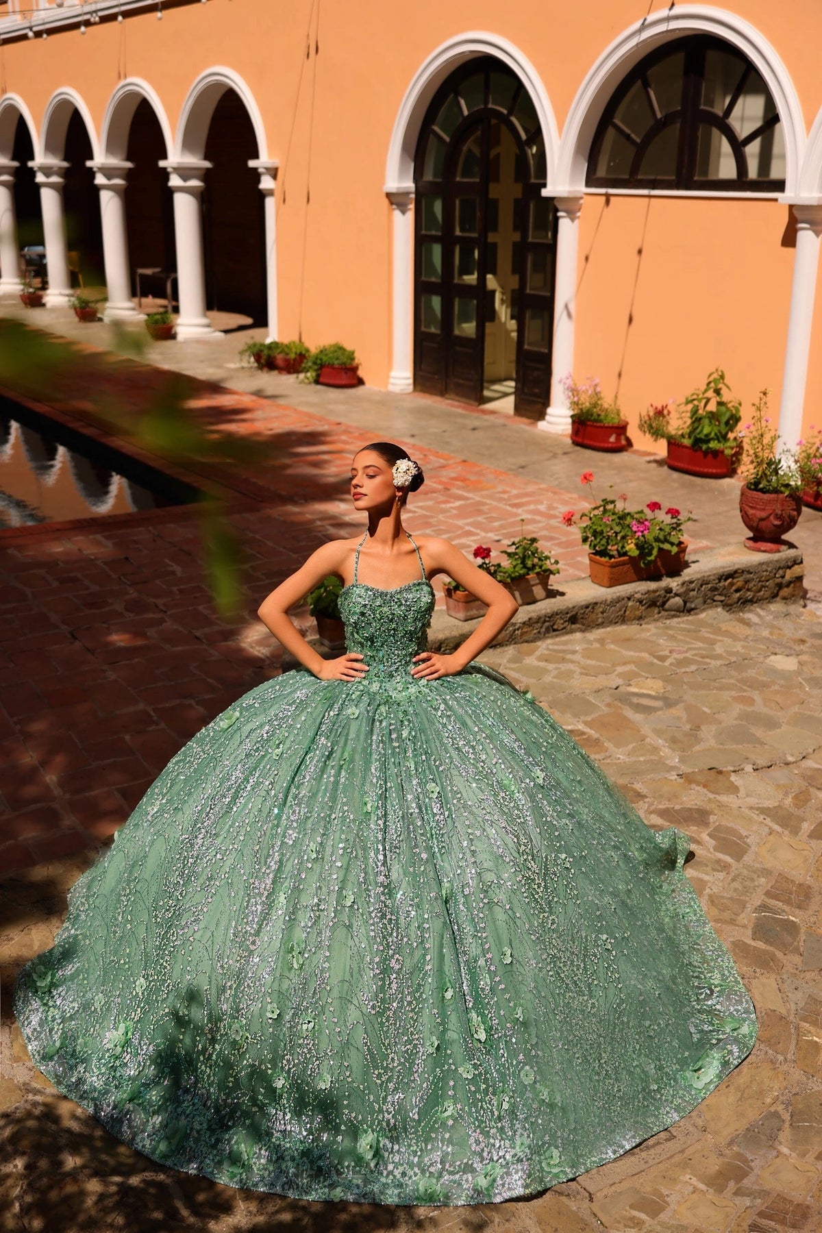Gorgeous Ball Gown Halter Strap Sleeveless Lace‑Up Back Court Train Quinceanera Dress