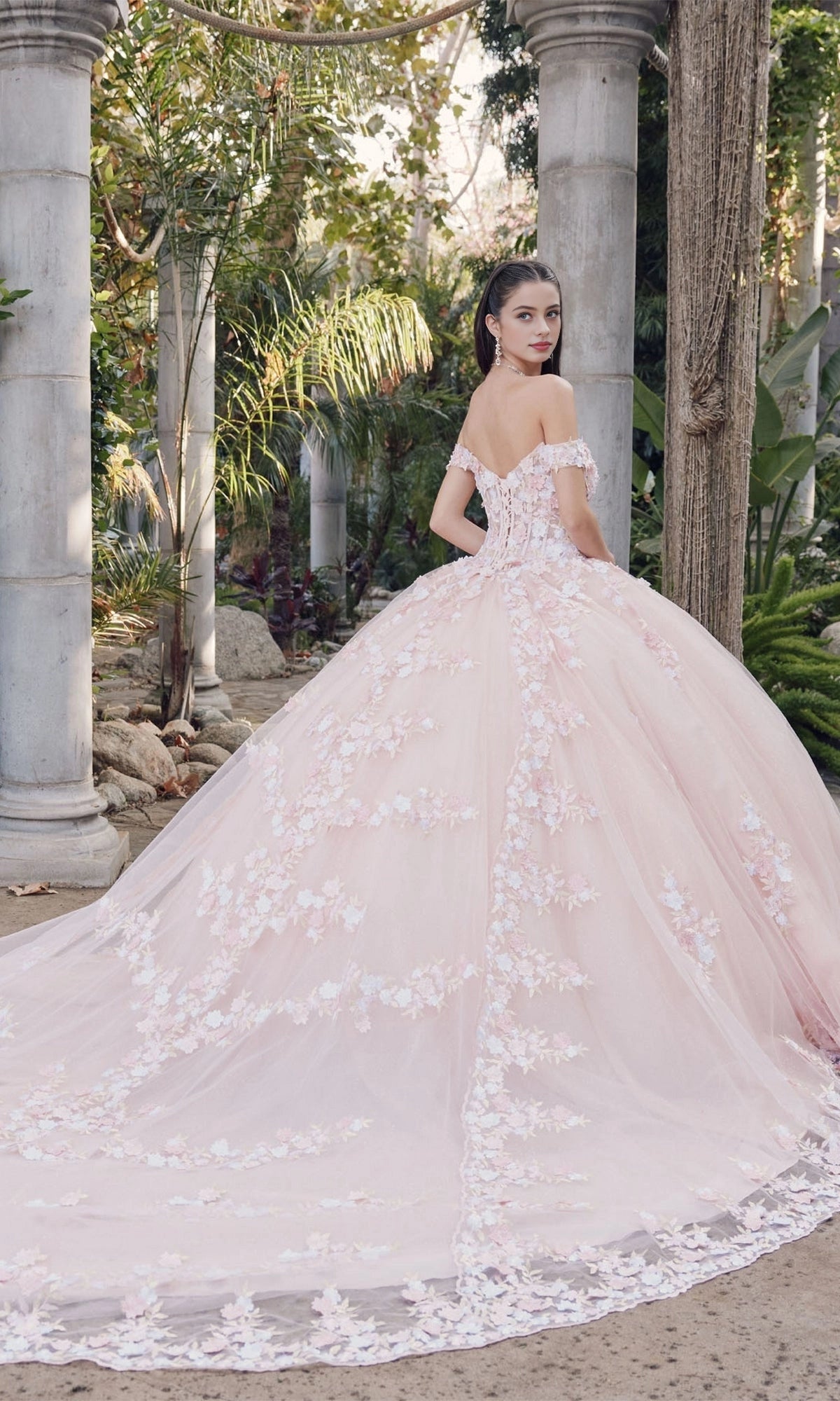 Dreamy Ball Gown Sweetheart Off‑Shoulder Corset Back Cathedral Train Quinceanera Dress